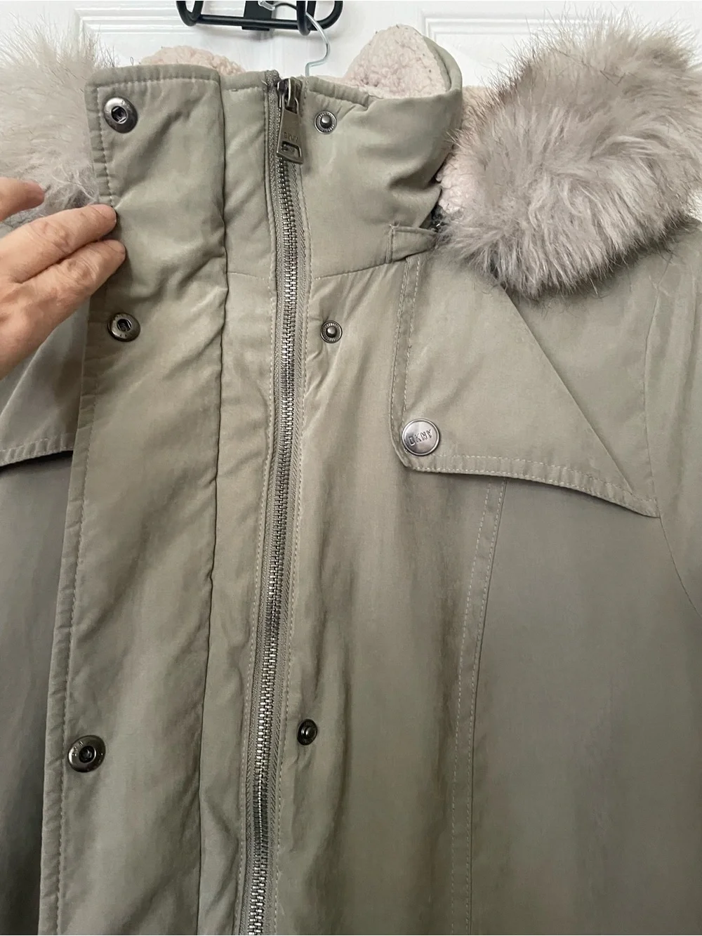 DKNY Olive Green Parka Coat‎ with Faux Fur Hood